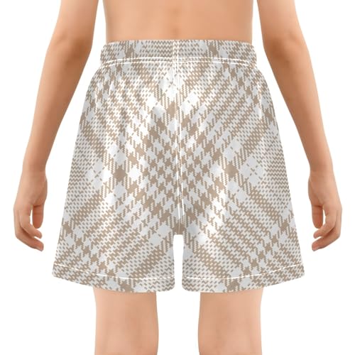 Boy Swim Shorts Youth Lightweight Workout Shorts Compression Liner Buffalo Plaid Check Tartan Scotland Beige3