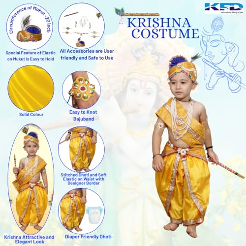 Image of Kaku Fancy Dresses Krishna Costume With Dhoti For Boy /Janmashtami /Bal Gopal Dress /Kanha Costume /Bal Krishna /Mythological Costume For Boy - Yellow-Red, 1-2 Years