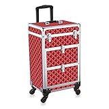 Makeup Beauty Train case Professional Artist Rolling Cosmetic Organizer with Switching Lid and Universal Wheels (13.38×10.62×22.4 In, Red)