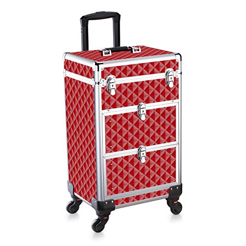 OUDMAY Makeup Case - Professional Rolling Artist Cosmetic Beauty Storage Organizer With 2 Large Locks and Drawer Crystal Red