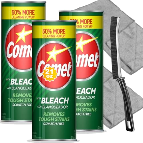Cleaning Bundle: Comet Powder Cleanser with Bleach 21 oz Bottles 3 Pack + 2 Microfiber Cloths + 1 Narrow Brush