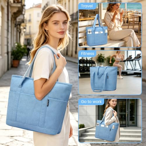 Image of Large Canvas Tote Bag for Women, Beach Bag with Zipper, Utility Tote Bag with 3 Front Pockets, Weekender Pool Bag