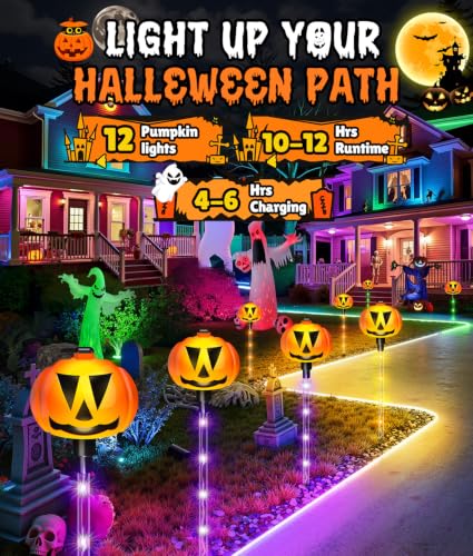 12-Count Ahaorigin Solar Halloween Pumpkin Pathway Lights w/ 8 Lighting Modes (2-Sets 6 Interconnected Lights) - image 2