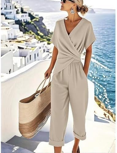 Women's 2pcs Stylish Short Sleeve Set Summer Front Cross Tie Wide...