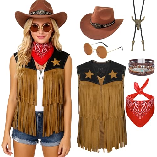 Raveparty Cowgirl Kostüm Damen, Cowboy Kostüm Herren, mit Halstuch Cowgril Hut Zubehör, für Karneval Fasching Cosplay (Damen, L)