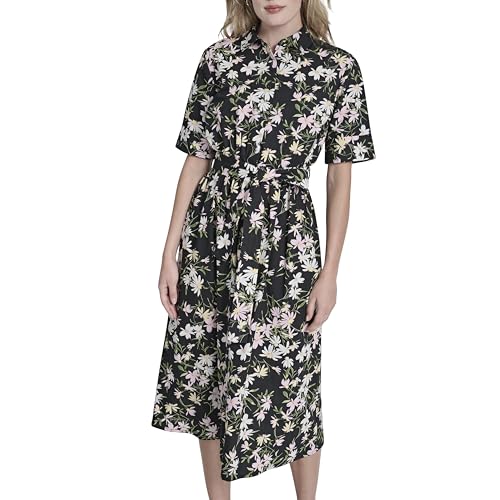Image of DKNY Women's Short Sleeve Cotton Poplin Collared Midi Shirtdress