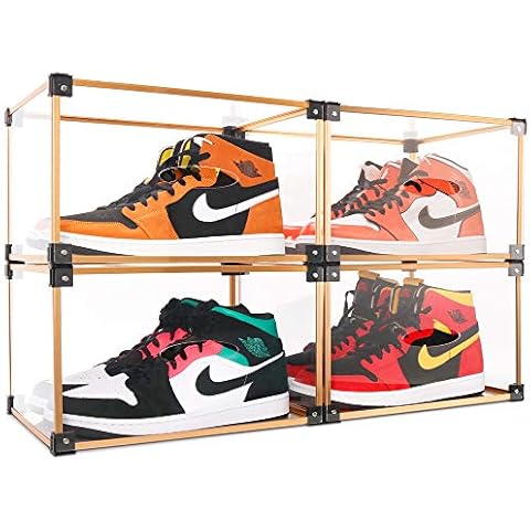 UNAOIWN 4 Pack Shoe Storage Box Clear Shoe Display Case Stackable for Extra Large Sneaker Acrylic Organizer with Magnetic Side Open Door Cover