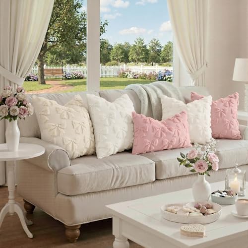 Image of decorUhome Pink Bow Pillow Covers Set of 2 Coquette Aesthetic Cute Preppy Plush Faux Pillowcases for Girly Bedroom or Couch 18x18 Inch