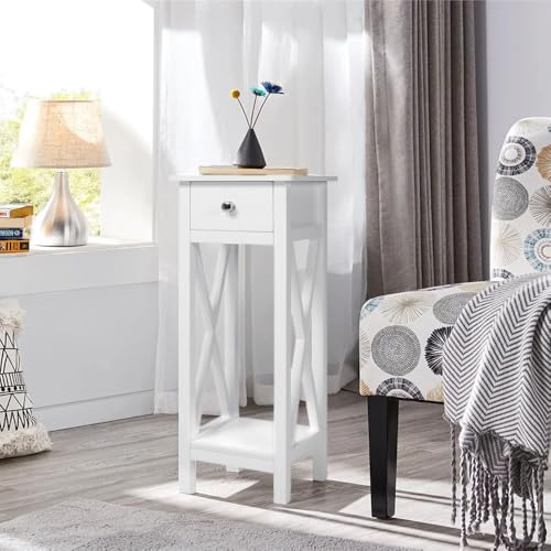 Warmiehomy Bedside Table Open Compartment and 1 Drawer Space Saving Side Table with Round Knob & Runners End Tables for Bedroom Living Room White 27x27x66cm