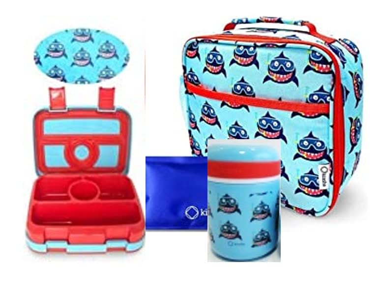 Bento Lunch Box with Thermo Set for Kids, 4 Compartment Bento-Box, Insulated Lunch Bag, Stainless Steel Food Jar, Baby Blue Shark