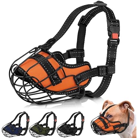 OOPSDOGGY Pitbull Dog Muzzle Reflective Metal Mask Secure Wire Basket Muzzle for Large Sized Dogs Amstaff Soft Cage Muzzle to Prevent Biting Chewing with Adjustable Nylon Straps (Orange, Pitbull) Cover
