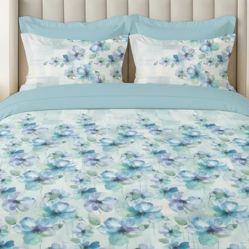 Image of LANE LINEN 100% Cotton Printed King Size Bedsheet - Blue Flowers | OEKO-Tex Certified, 250TC, Fits King & Double Bed, Floral Print, Breathable & Wrinkle-Free, Includes 2 Pillow Covers
