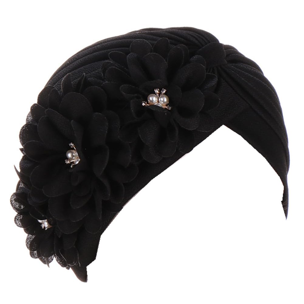 YYAOJHAO Women Flower Turban Hats - Ruffle Pre Tied Headwrap Caps Chemo Beanies Hijab Headscarf for Cancer Patient Hair Loss Black