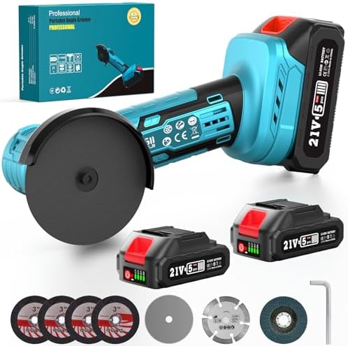 SEESII Mini Angle Grinder 21V, 3 Inch Brushless Angle Grinder Cordless 19000 RPM with 2PCS 2.0A Battery & 7pcs Cutting Discs, 210W Power Electric Tool for Metal Wood Polishing Rust Removal
