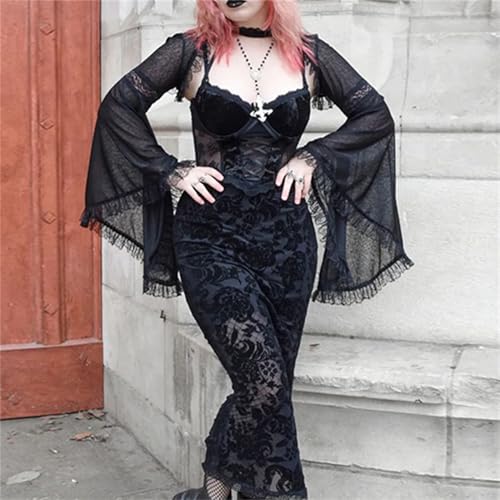 Image of Women Gothic Crop Top Shirt Y2K Black Bell Sleeve Shawl Cardigan
