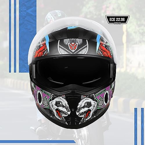 Image of Ignyte IGN-7 Bug ECE 22.06 /ISI /DOT Certified Full Face Graphic Helmet with Outer Anti-Fog Clear Visor and Inner Smoke Sun Shield