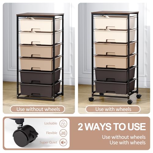 6-Schubladen-Rollwagen mit Holzplatte - Starker Rollcontainer aus Kunststoff, mobiler Aufbewahrungswagen für Büro, Kinderzimmer & Bastelraum - Badrollwagen mit feststellbaren Rädern,Braun