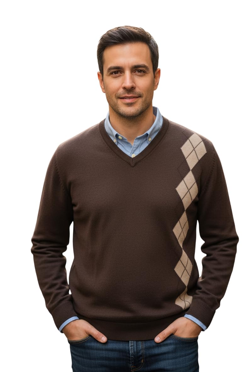 Classic Men's V-Neck Argyle Sweater, Brown with Beige Diamond Pattern, Long Sleeve Casual Pullover-picture-33