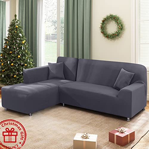 Sectional Couch Covers L Shape Sofa Covers Super Stretch 2Pcs Sofa Slipcovers For 3 + 3 Seaters Sectional Chaise Slipcover With 2Pcs Pillow Covers For Pets Kids, Light Grey #TOP5