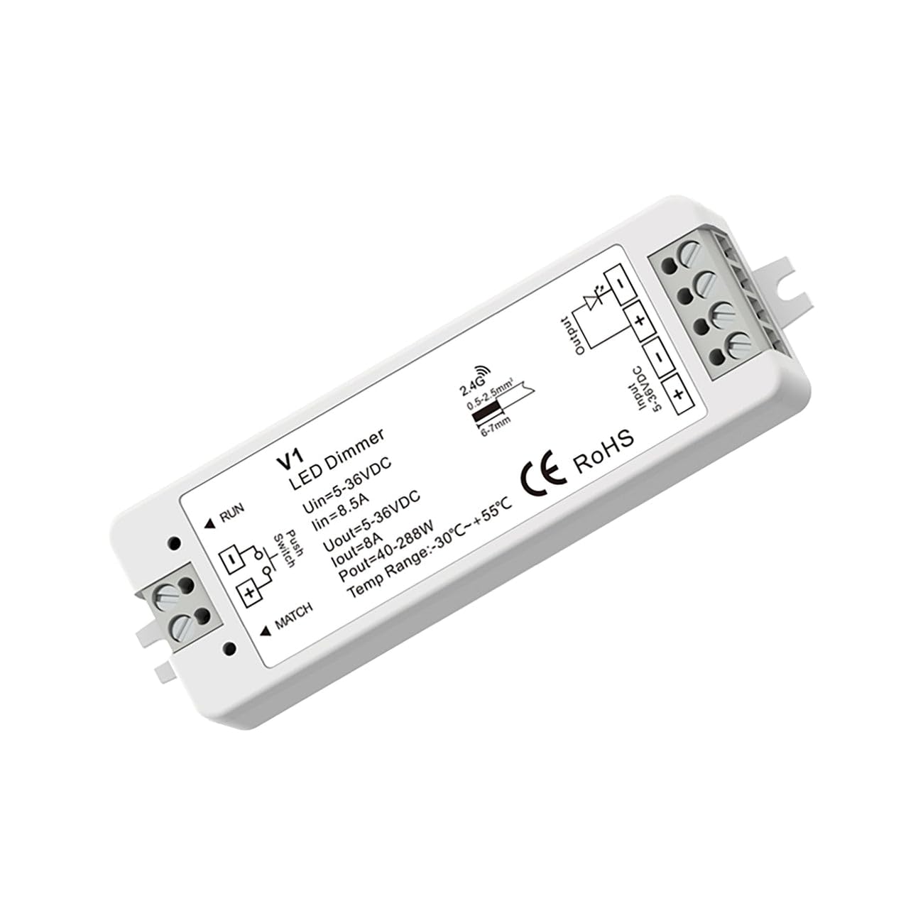 G.w.s Single Colour 1Ch*8A 5-36V Dc 2.4Ghz Rf Controller For Led Strip Lights, Push-Dim, V1