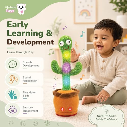 Image of Lifelong Cuppy Dancing Cactus Toy for Kids 6 Months-5 Yrs | Educational Talking Cactus with Music, Voice Repeater & LED Lights | USB Rechargeable, Interactive Tree Toy for Kids | Non- Toxic & Durable