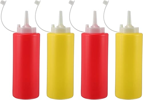 4 botellas de condimento de plástico Squeeze Squirt con tapas de tapa, dispensadores superiores para salsa de tomate, mostaza, mayo, salsas