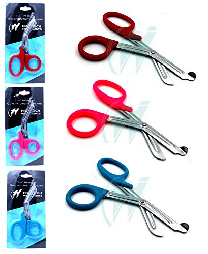 3 Pcs ( Red & Neon Pink & Teal) Paramedic Utility Bandage Trauma Emt Ems Shears Scissors 7.25 Inch Stainless Steel ( Hti Brand) #TOP6