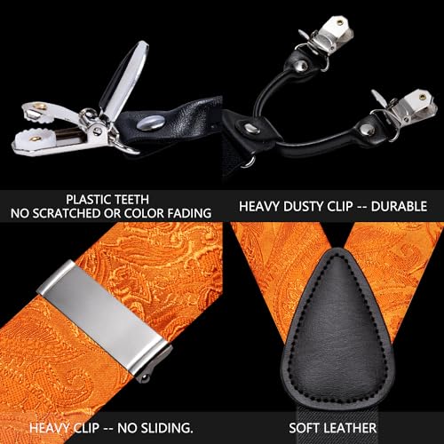Image of Barry.Wang Men Suspender Set with Necktie Elastic Y Type Heavy Duty 6 Clips Braces Tie Handkerchief Cufflink Pin 6PCS, Solid Light Orange Floral