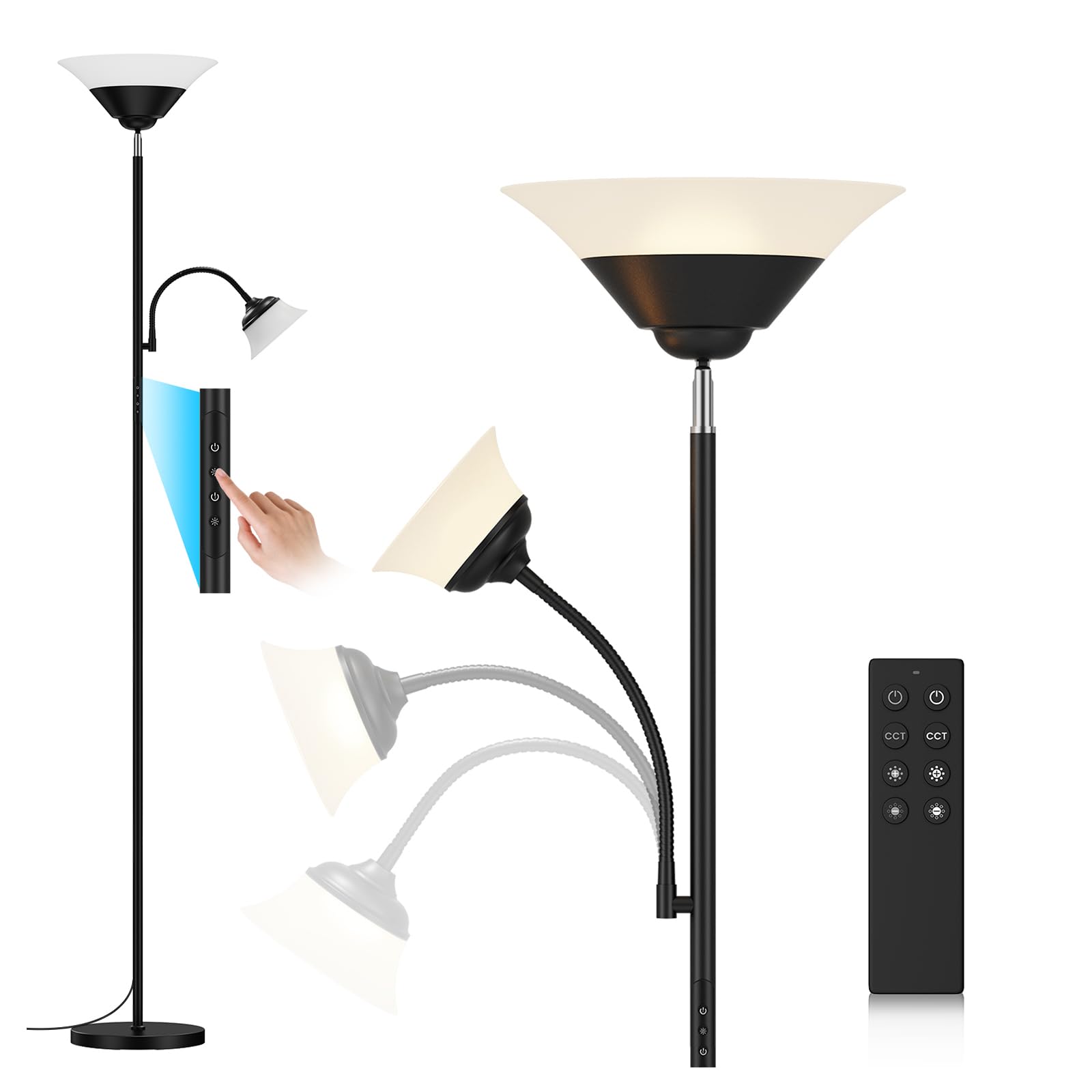 Upgraded 2-in-1 Torchiere Floor Lamp, Dimmable Standing Lamp with Remote&Button Control, 34W Brightness Adjustable Floor Reading Light, Black Modern Corner Lamp for Living Room Bedroom Office