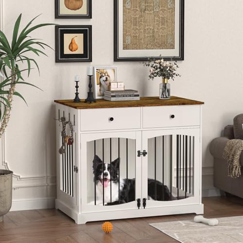 BREEZEHEAT Dog Crate Furniture, 40 inch Farmhouse Dog Kennel with Drawers-Wooden Pet Crate End Table, Double Door Design, Decorative Dog House Indoor for Small Medium Large Dog,Off White - Image 3