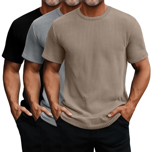 Ficerd 3 Pack Men's Short Sleeve Waffle Knit Shirts, Casual