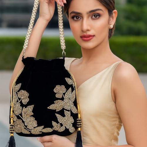 Image of Velvet Potli Bag with Golden & Silver Beaded Flower Embroidery - Handcrafted Ethnic Drawstring Bag for Weddings, Parties & Festive Gifts - Beaded Handle & Tassels for Women