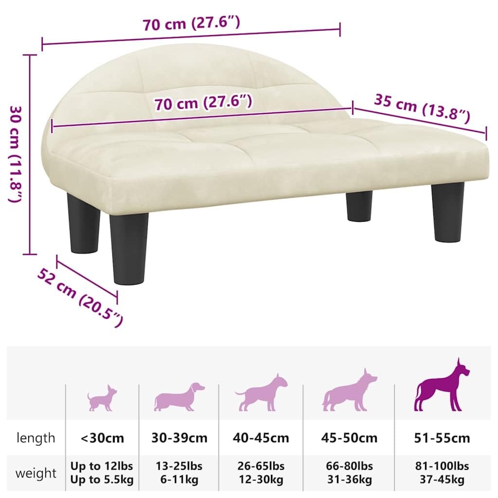 Cama para perros suave de terciopelo con espuma para el salón, cómoda cama para perros crema, 70 x 52 x 30 cm, con marco de madera maciza
