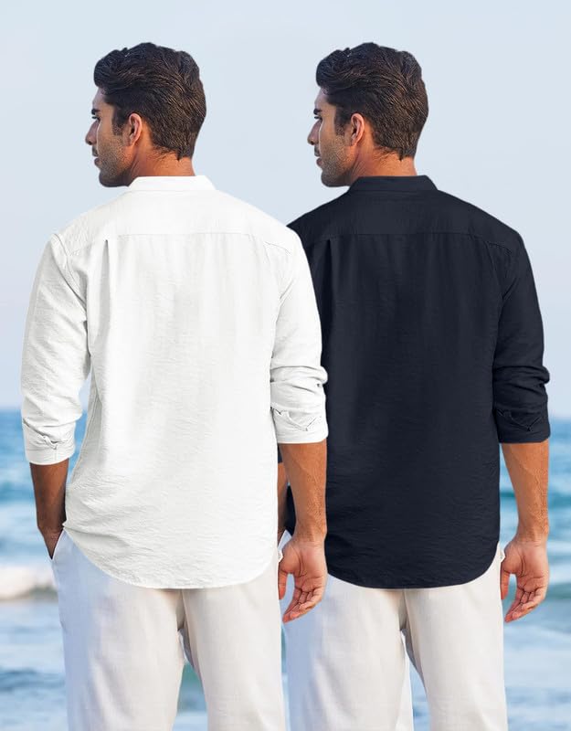 Image of Macsivo Combo of Men's Regular Fit Cotton Blend Solid Casual Short Kurta with Mandarin Collar and Pockets Kurta Pack of 2