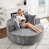 Oversized Round Swivel Chaise Longue Chair Indoor, Modern 55-inch 360 Degree Swivel Upholstered Chenille Deep Seat Circle Single Cloud Sofa Chair for Living Room, Bedroom Apartment, Office, Grey