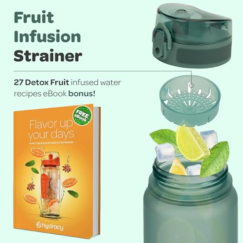 Image of Hydracy Water Bottle with Time Marker - Large 500 ml 17 Oz BPA Free Water Bottle - Leak Proof & No Sweat Gym Bottle with Fruit Infuser Strainer - Ideal for Fitness or Sports & Outdoors MoonlightGreen | Leak Proof Gym Bottle with times to drink and no sweat Sleeve - Ideal for Fitness Sports & Outdoors