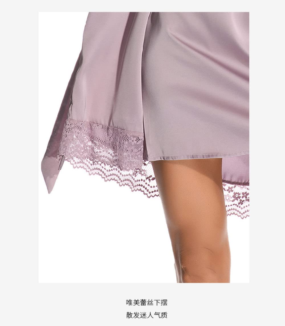 OZEO Albornoz Mujer,Kimono Sexy Albornoz Satén Costuras Encaje Escote En V Profundo Blanca Corta con Cordones Babydoll Novia Moda Bademantel Damen,M