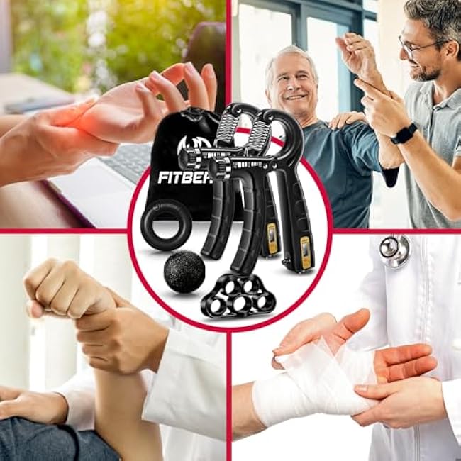 FitBeast Hand Grip Strengthener Workout Kit (5 Pack), 2 Forearm Grip Adjustable Resistance Hand Gripper, Finger Stretcher, Grip Ring & Stress Relief Grip Ball for Athletes