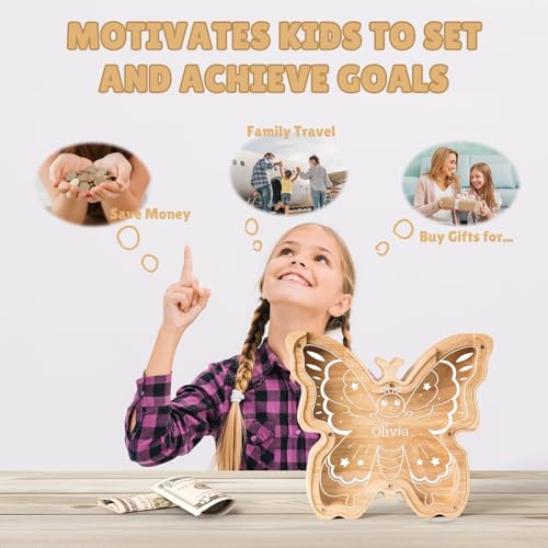 Image of Wooden Butterfly Piggy Banks Coin Bank for Kids | Custom Gifts for Kids Easter Birthday Decor, Wooden Cashbox Money Jar Educational Toy for Boys Girls