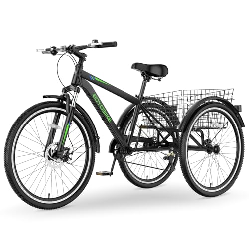 MOPHOTO Adult Mountain Tricycle, 7-Speed 3 Wheel Mountain Bike for Adults, 24/26/27.5 Inch Cruiser Trike with Front Disc Brake, Front Suspension Fork, Rear Cargo Basket, 350lbs Capacity, Men & Women