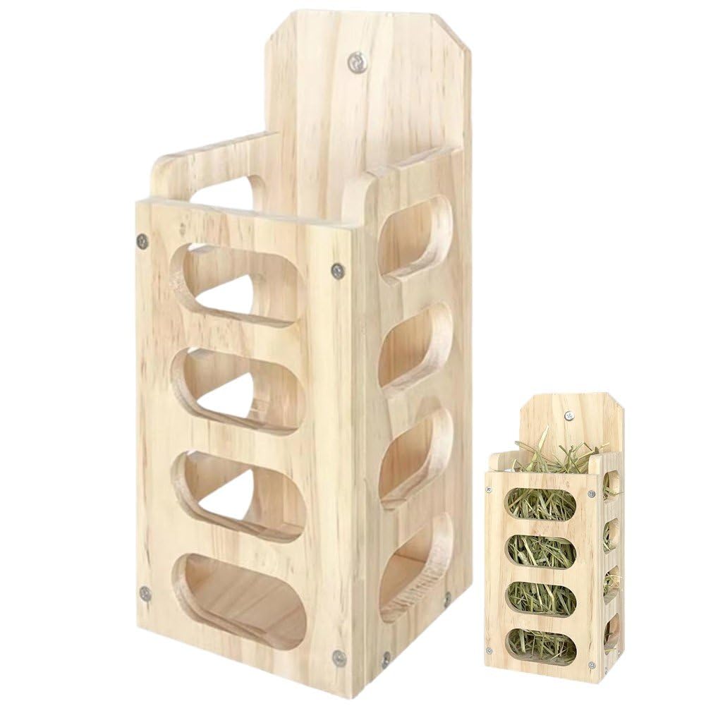 Soporte para heno de madera y dispensador de comida para conejos