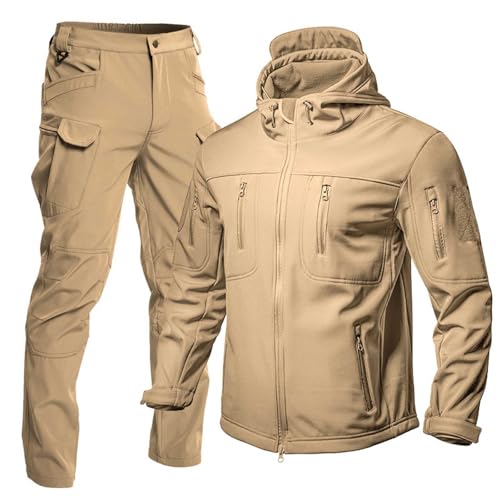 Genérico Conjunto Impermeable Chaqueta y Pantalón Tácticos con Capucha de Caparazón Suave para Hombre para Pesca Senderismo Chaqueta Vellón Softshell Grueso MontañIsmo Camping Entrenamiento