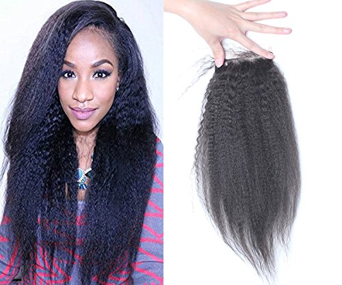 Sunwell Brazilian Virgin Human Hair Closure 3.5x4 Kinky Straight Human Hair Lace Closure with Baby Hair Bleached Knots Natural Color Free Part 14"