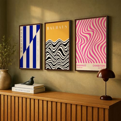 Image of SoulAbiti Geometric Shapes Series set of 3 Framed Wall Print 12x18 inch Dark Brown Frame Plexi-Glass Bauhaus Art ready to hang for living room bedroom office decor