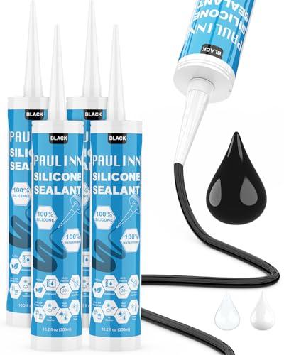 PAULINN Silicone Sealant Black 100% Silicone Caulk Waterproof for RV Kitchen Bath General Use Window Door Glass Marine 10.2 Oz 4 Packs