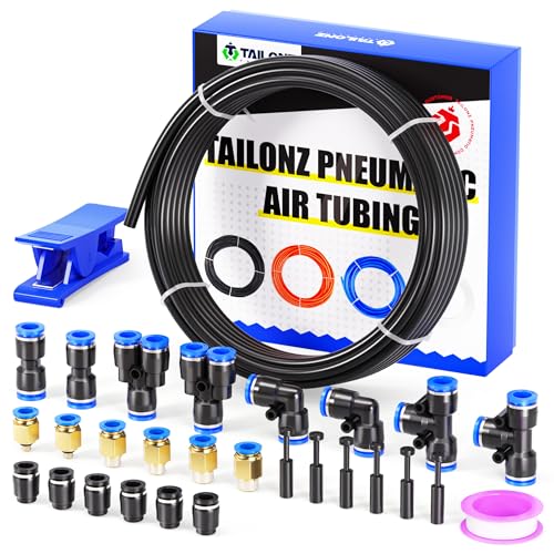 Image of TAILONZ PNEUMATIC Black 4MM or 5 /32 Inch OD 10 Meter 32.8ft PU Polyurethane Air Tubing Kit Pipe Hose Air Line Tubing Air Hose Fittings Push to Connect Fittings(29PCS)