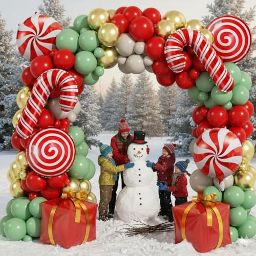 Image of 170Pcs Christmas Balloon Arch Garland Kit with Xmas Red Sage Green Gold White Sand Latex Balloons Gift Box Candy Cane Foil Balloons Arch Kit for Christmas New Year Party Party Decorations