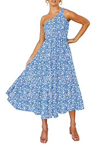 Image of ZESICA Women's 2026 Bohemian Summer Floral Print One Shoulder Sleeveless Smocked Ruffle Tiered Beach Long Midi Dress