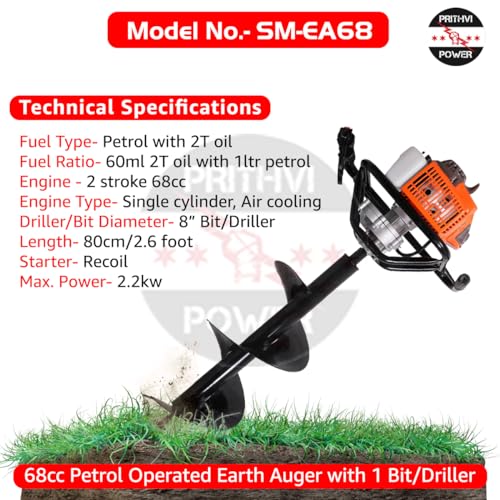 Image of Earth Auger with Powerful 68cc 2 Stroke Petrol Engine and Heavy Duty Double Spiral Planters of 8 Inch size for Digging Holes, Plantation & Fencing on Farms. FREE 2T OIL.