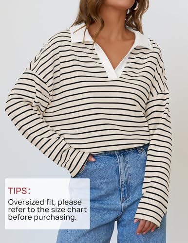 ZESICA Womens Striped Long Sleeve Tops Oversized Sweatshirt V Neck Loose Fit Tunic Tops Spring Casual Blouses2